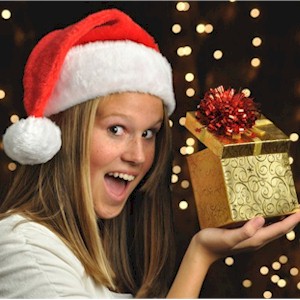 surprised when opening a christmas gift